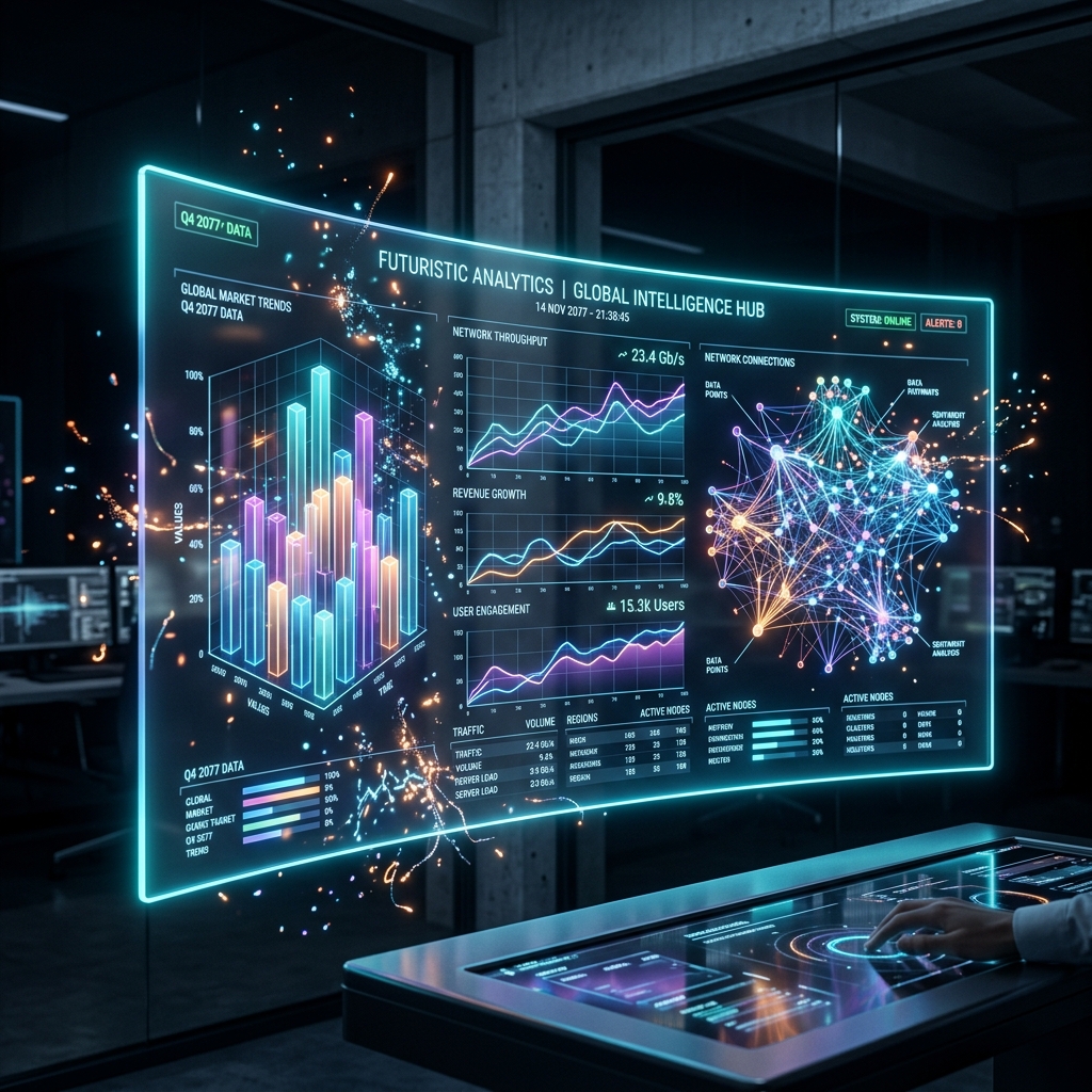 Futuristic data analytics dashboard screen