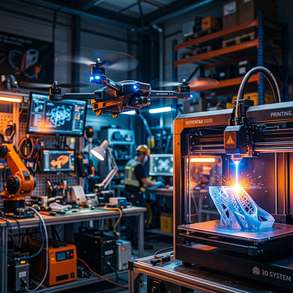 Quadcopter flying in a high-tech workshop near a 3D printer