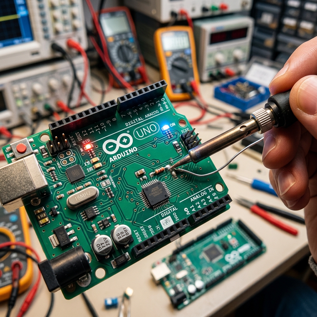Close-up of Arduino circuit board and soldering iron