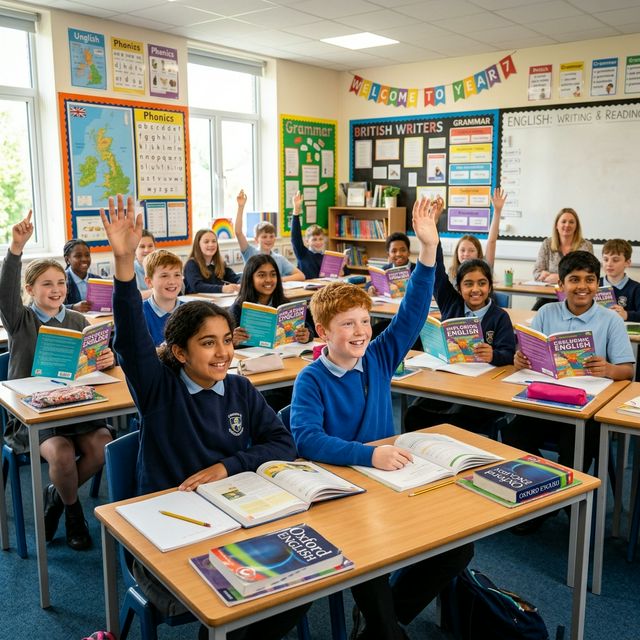 Happy 10+ year old students learning English in a UK Classroom