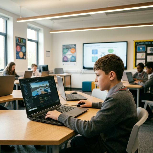 Student building a video game in class