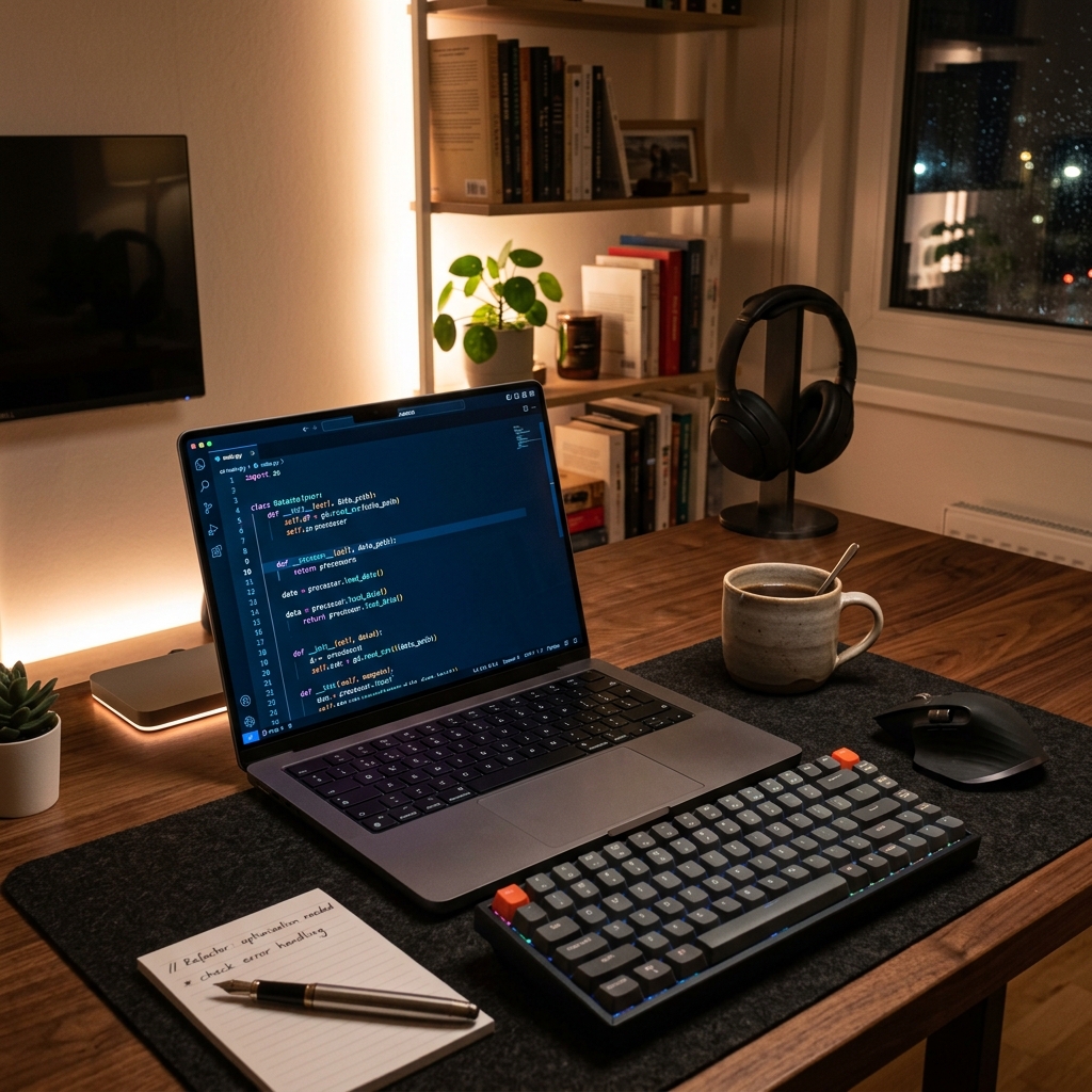 Modern computer workspace with Python coding screen