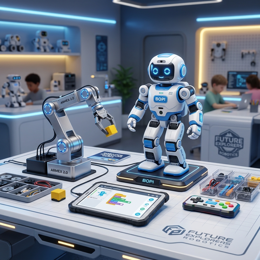 Futuristic educational robotics kit with humanoid robot and robotic arm